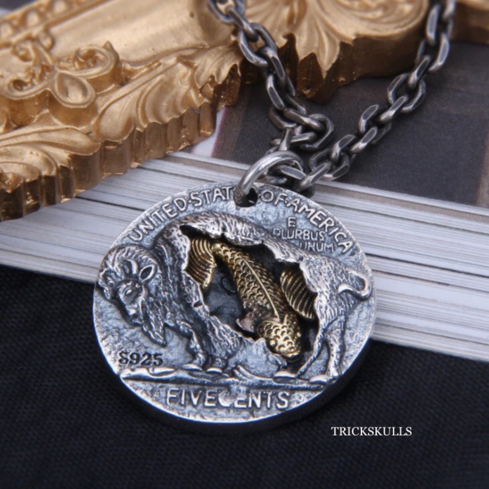 Buffalo Koi Skull Head Coin Charm Pendant Necklace Modern Vintage Streetwear NEW - Picture 7 of 11